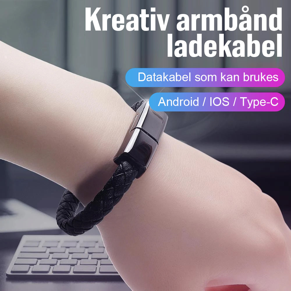 Ladekabellarmbånd med USB- og mobilkontakt, klar for praktisk lading på farten.