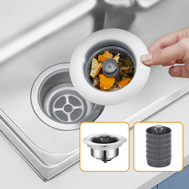 Rustfrittstål luktfilter for kjøkkenvask med integrert sil. Stopper dårlig lukt effektivt.