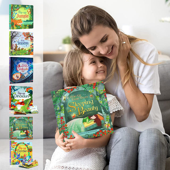 Et barn utforsker en fantasifull jungel-tema 3D pop-up side i en barnebok full av dyr.