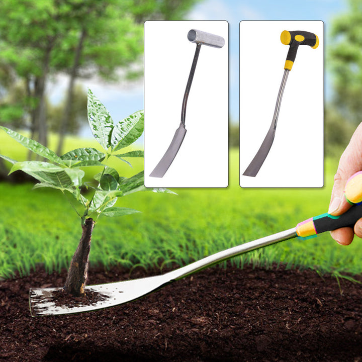 Ergonomisk hageverktøy i robust metall/plast for presis luking og planting av planter.