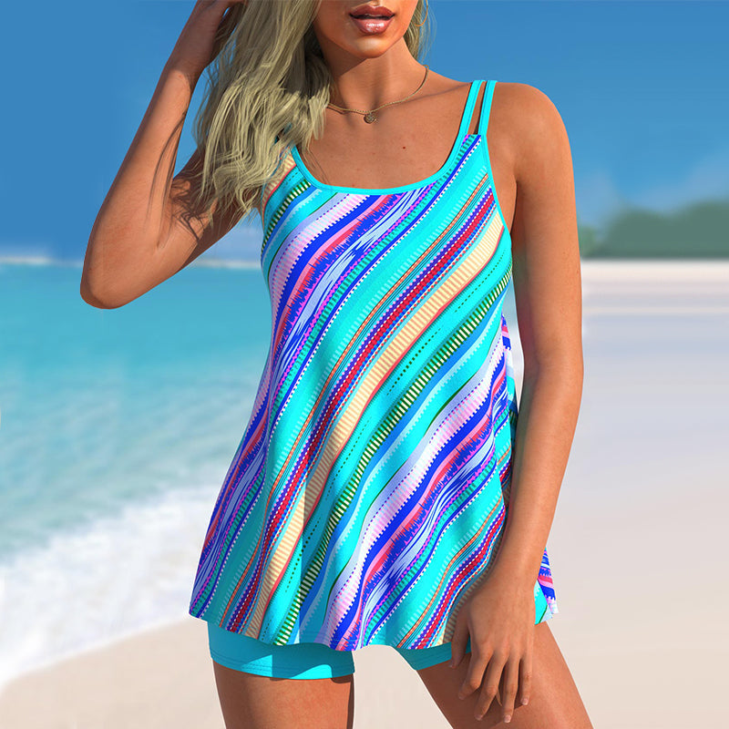 Kvinner tankini-sett, geometrisk stripetrykk, todelt badetøy for strand og sommer.