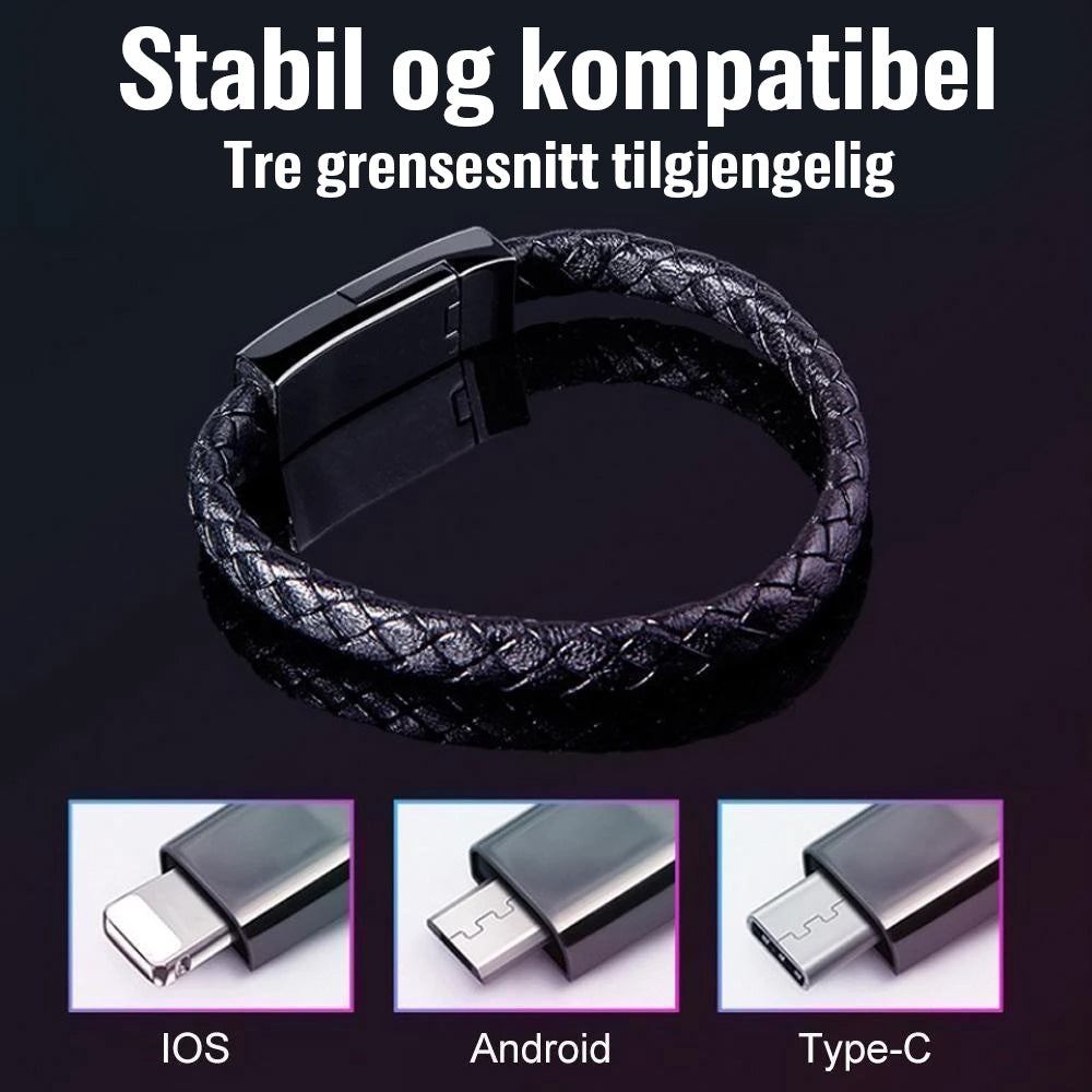En person bruker unisex ladekabellarmbånd, perfekt som nødlader for mobil.