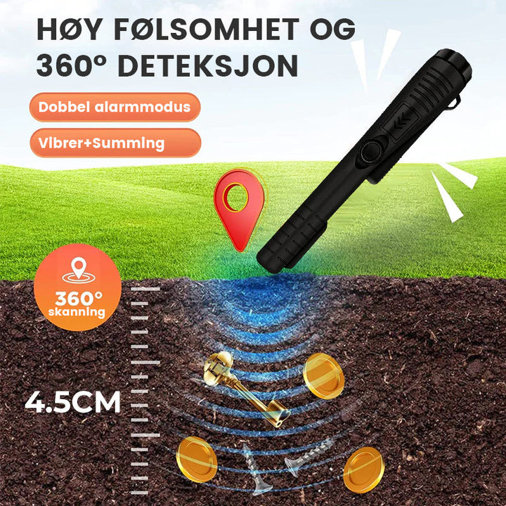 Detaljert bilde av vanntett metalldetektor, et uunnværlig håndverktøy for hobby og funn.