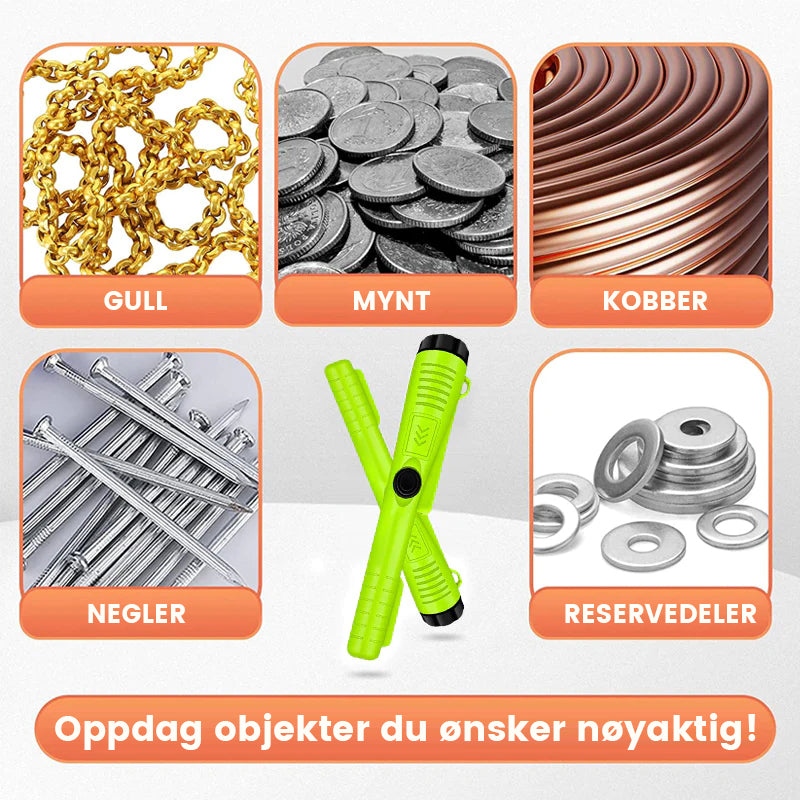 Kompakt, vanntett metalldetektor liggende på sand, klar for strandsøk og eventyr.