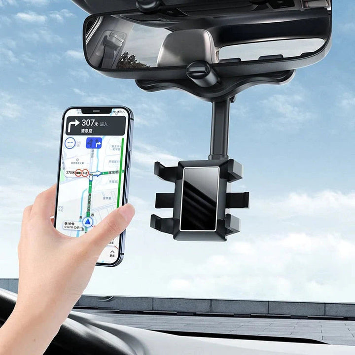 Stabil biltelefonholder som festes på bakspeilet. Optimal visning for GPS og kart i bil.