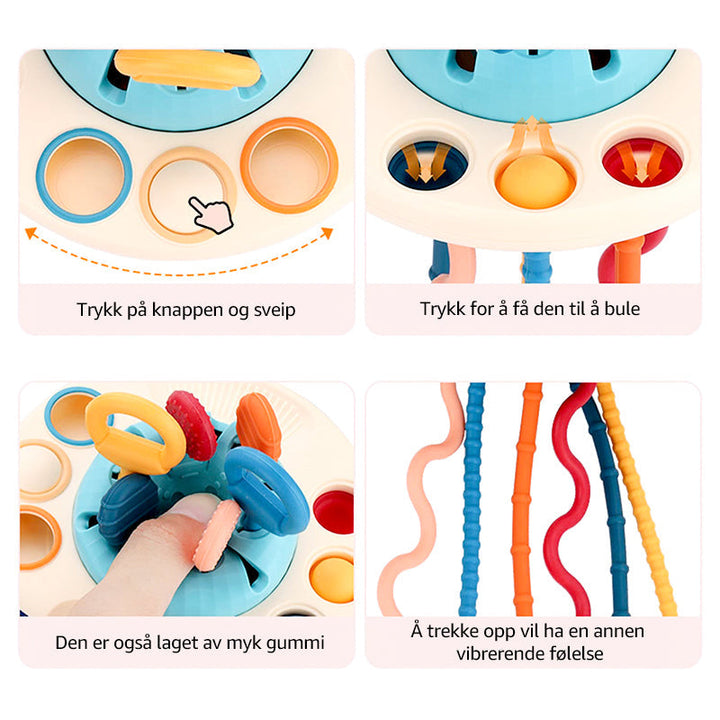 Allsidig sensorisk UFO-leketøy i silikon for baby, støtter tenner, utvikling og reiselek.