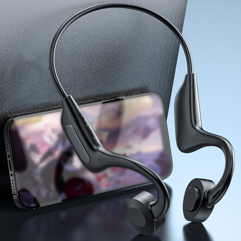 Trådløse bone conduction hodetelefoner for sport. Svart design, åpent øre, Bluetooth-tilkobling.