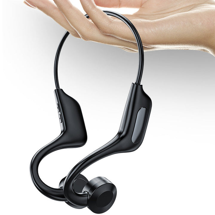 Svart trådløst headset for sport med bone conduction-teknologi. Lettvekt og komfortabelt.