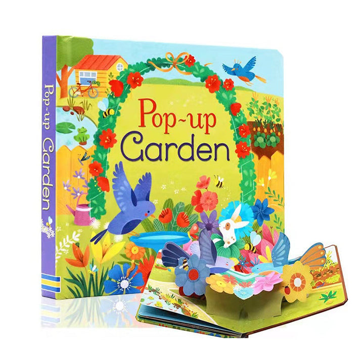 En årstider-tema pop-up side som viser en blomstrende vårhage i en barnebok.