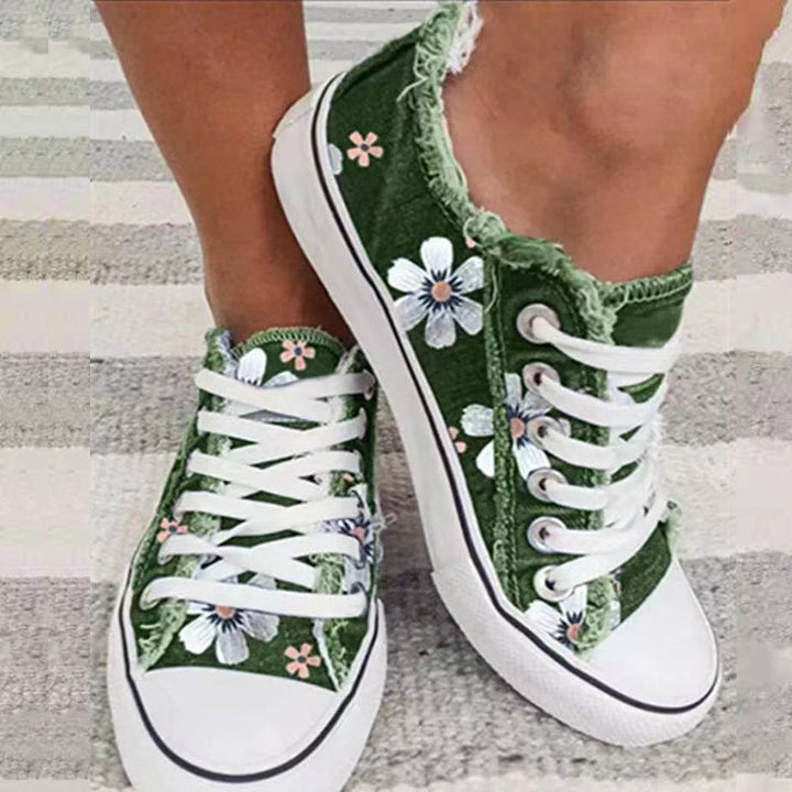 Denim lerretssko for unisex, med flate hæl, blomstermønster, perfekte sommersko med snøring.