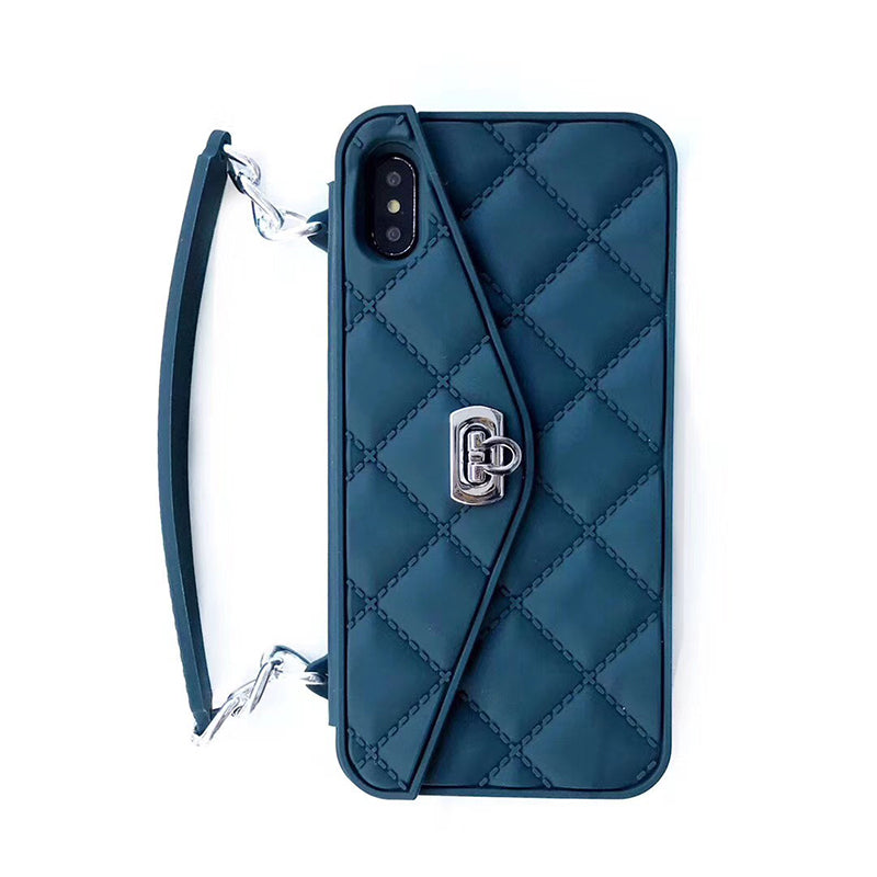 Stilfull telefonveske for iPhone. Myk silikon med elegant kjede for enkel bæring.