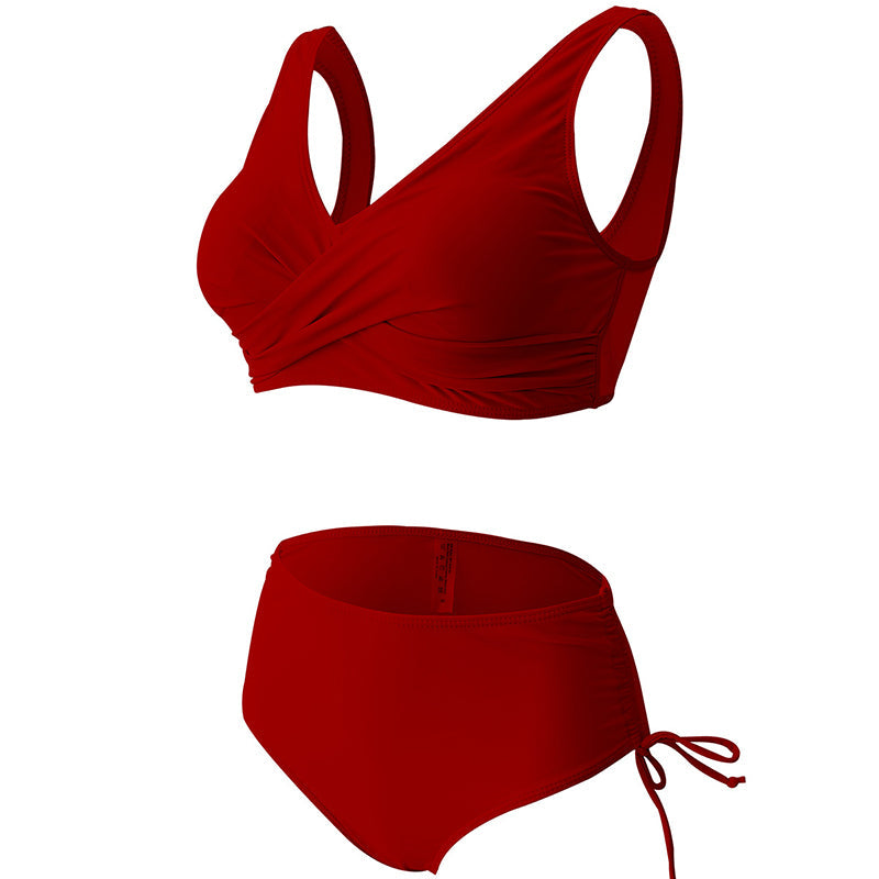 Glatt ensfarget badetøy for kvinner: høy midje bikini sett med polstrede skåler og kvalitetstekstur.
