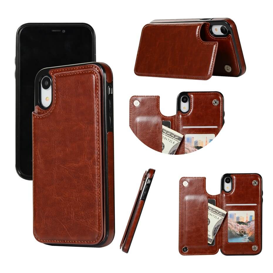 Moderne iPhone lommebokveske, åpen for å vise kortholder og stativfunksjon; PU-skinn for stil.