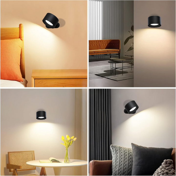 Dimbar LED leselampe med roterende hode og trådløs design, perfekt for målrettet og behagelig belysning.