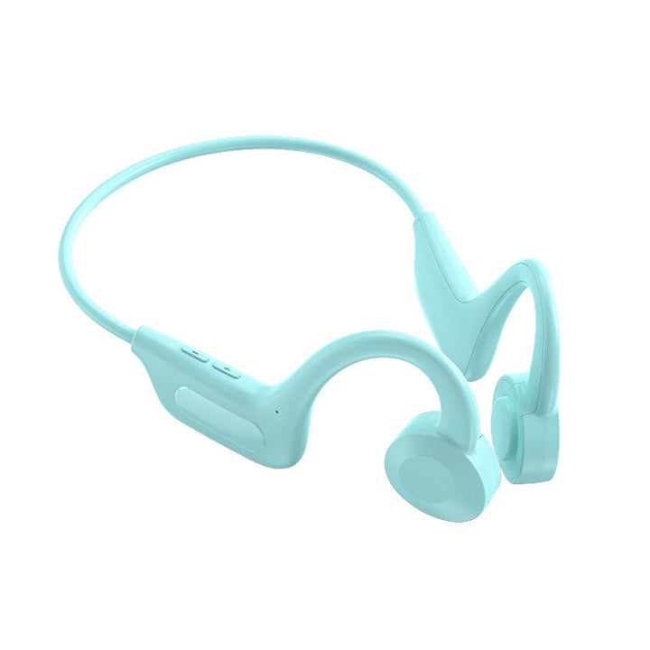 Blå trådløse bone conduction hodetelefoner. Åpent øre design, optimalt for sport.