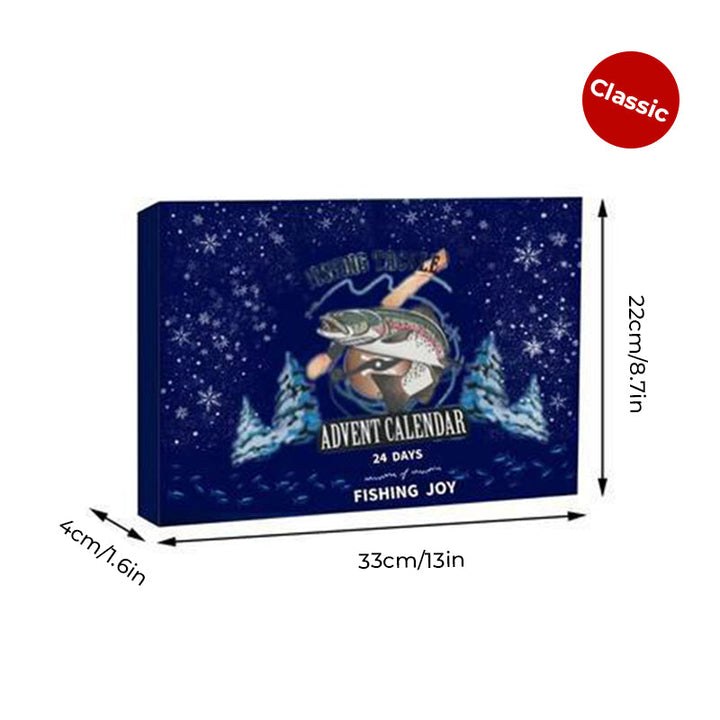Adventskalender for alle fiskeinteresserte, fylt med utstyr for en vellykket fisketur.
