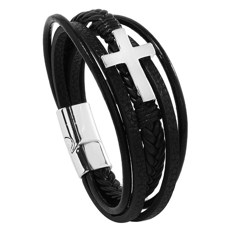 Menns skinnarmbånd med kors, elegant for å uttrykke tro. Ideelt herresmykke med magnetlås.