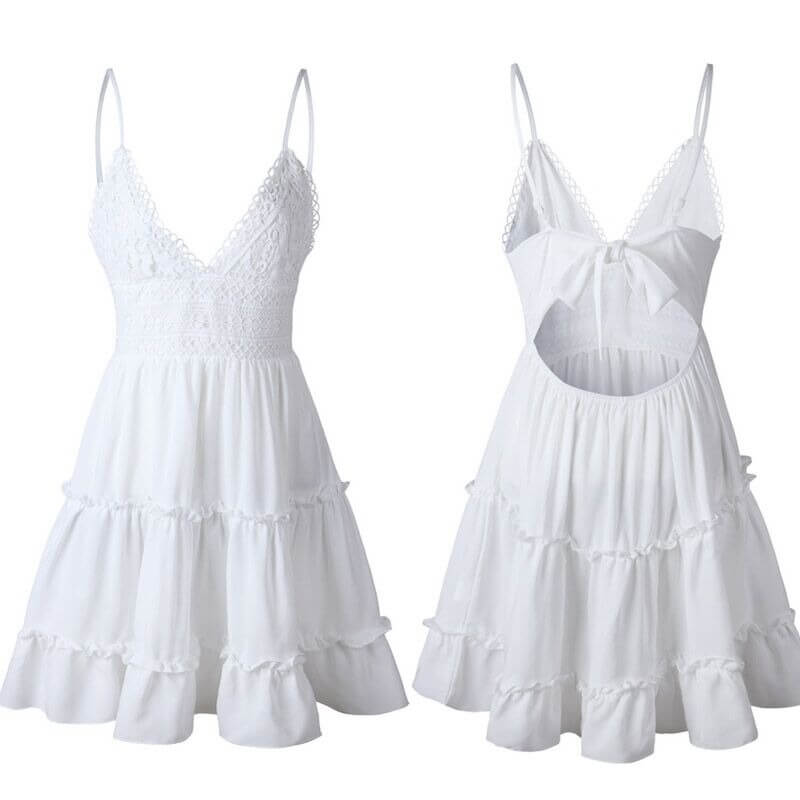 Elegant heklet V-hals sommerkjole for dame, perfekt for fest og varme dager. Komfortabel A-linje passform.