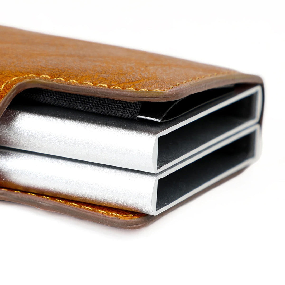 Elegant slim lommebok for menn, med RFID-sikring og innovative pop-up kortholdere.