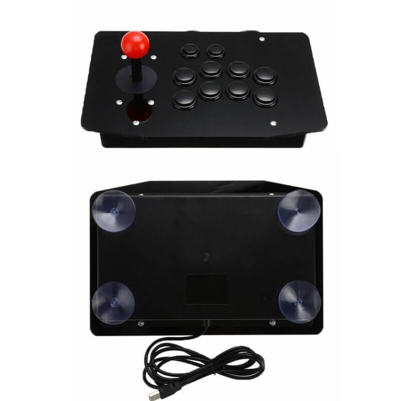 Nærbilde av joystick og knapper på en USB arkadekontroller, for presis styring i PC retrospill.
