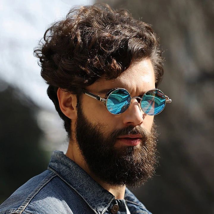 Unike herre solbriller: Gotisk steampunk design, runde linser, metallramme, UV-beskyttelse.