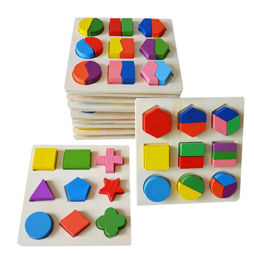 Fargerike geometriske treformer fra et 3D læringsleketøy for barn, ideelt for tidlig matematikkforståelse.