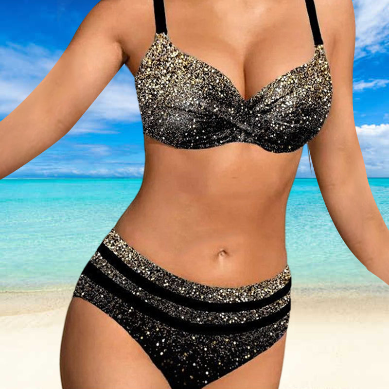 Kvinner bikini med skinnende trykk, høy midje. Perfekt badetøy for strand og sommerferie, polstret.