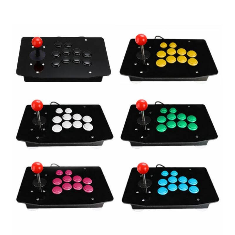 Frontbilde av USB arkadekontroller med solid joystick og taktile knapper, optimalisert for PC-spill.