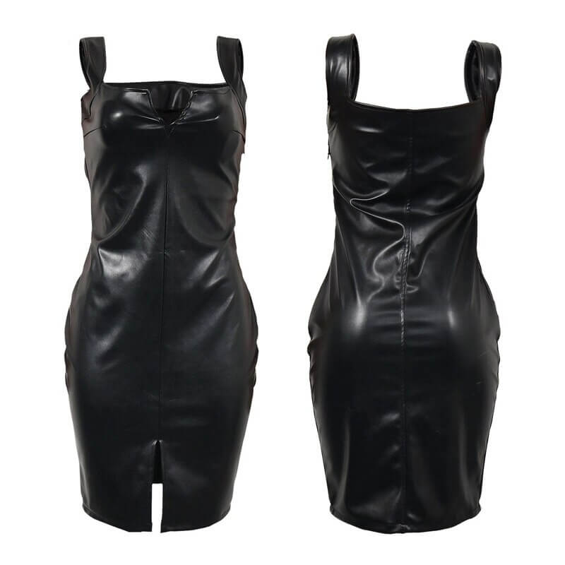 Elegant svart bodycon kjole i PU-skinn for kvinner, perfekt som festkjole.