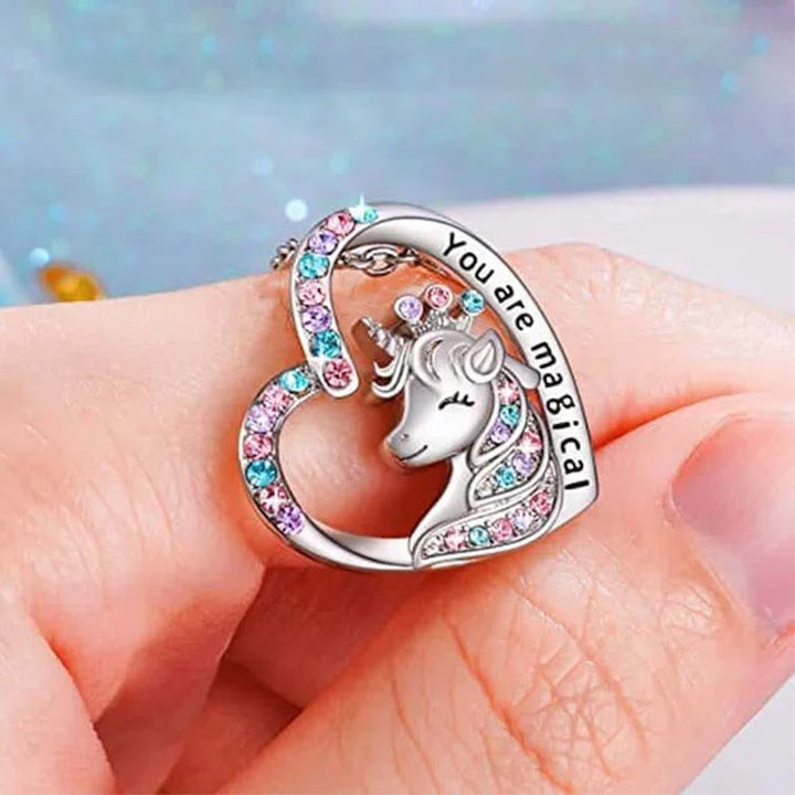 Glitrende enhjørning smykker for barn. Prinsessehalskjede, armbånd, ring med magisk design.