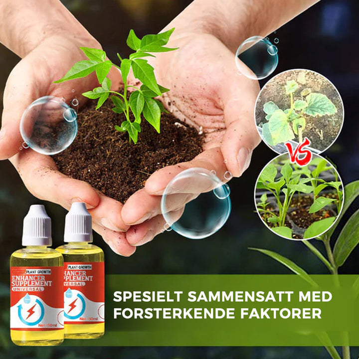 Hagegjødsel som forbedrer rotutvikling, vist ved siden av frodige grønne planter og blomster.