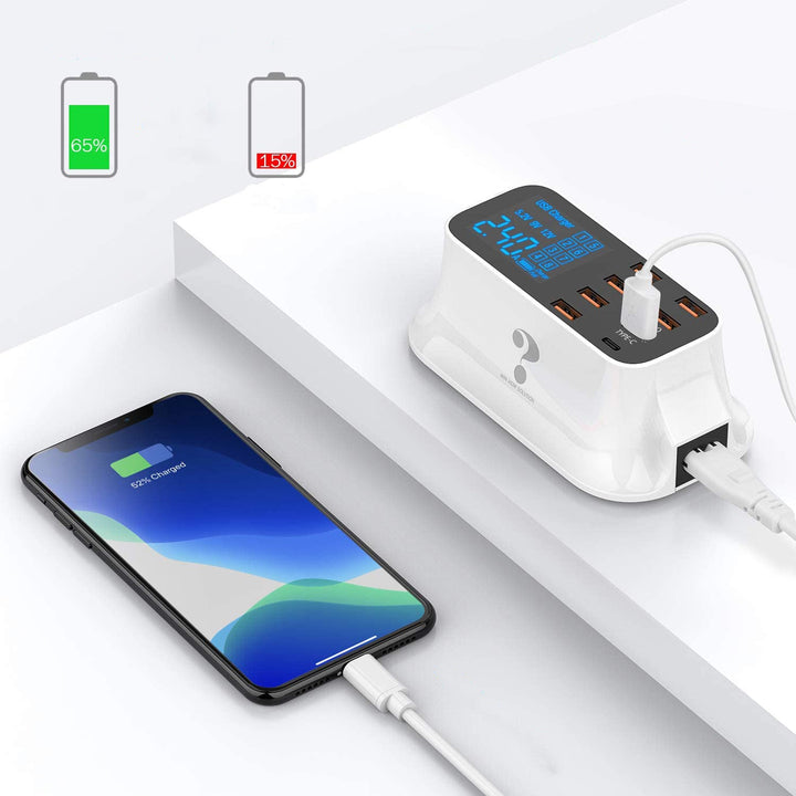 Smart USB ladestasjon med 8 porter for rask og sikker lading av elektronikk. Perfekt for reise og daglig bruk.