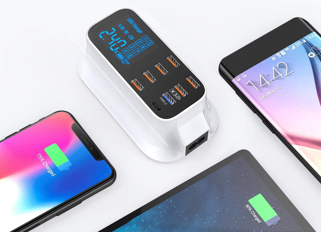 Kompakt USB multilader med 8 porter. Organiser ladingen av mobil, nettbrett og annet elektronisk tilbehør.