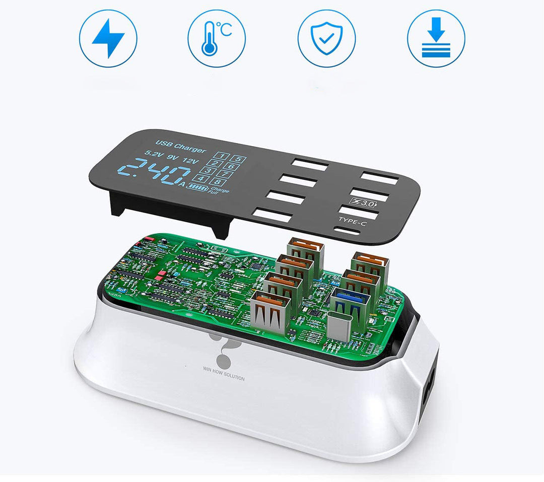 Kraftig 8-porters USB strømadapter og ladestasjon. Gir effektiv og rask lading for alle dine gadgets.
