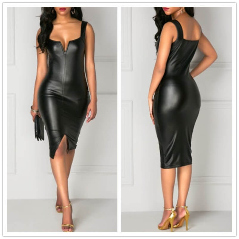 Stilig svart PU-skinn bodycon kjole, kne-lengde, perfekt for kveldsbruk.