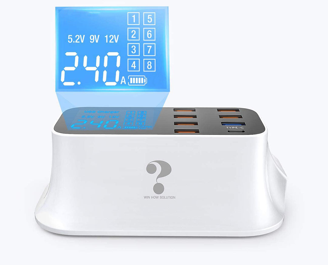 Avansert 8-porters USB smartlader med rask lading. Kompatibel med ulike mobil tilbehør og elektronikk.