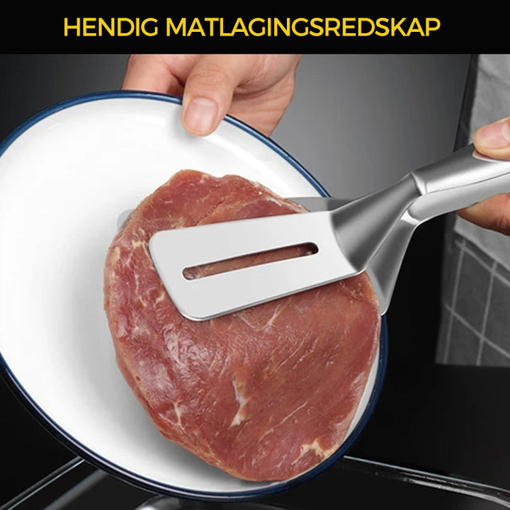 Rustfritt stål grilltang med dobbeltsidig funksjon. Perfekt for flipping og griping av mat.