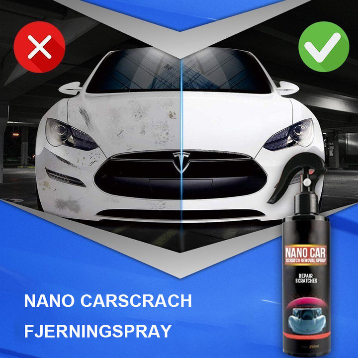 Fjern riper enkelt med Bil Ripefjerner Nano Spray. Før-og-etter bilde viser skinnende ripefri billakk.