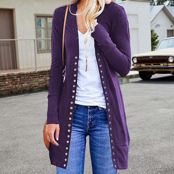 Kvinner elegant V-hals cardigan, mellomlengde, ensfarget ribbestrikk for en raffinert look.