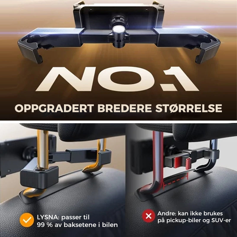 Justerbart nettbrettfeste for bilens nakkestøtte. Holder nettbrett og mobil stabilt for barn på reise.