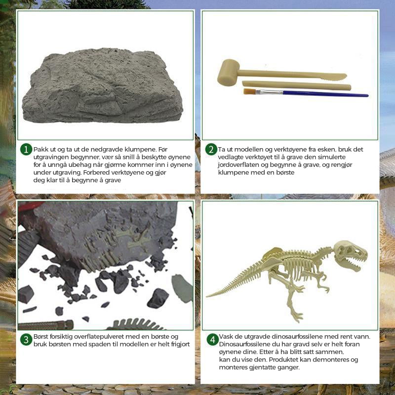 Utgravningssett for barn med dinosaurfossil. En morsom og pedagogisk DIY aktivitet.