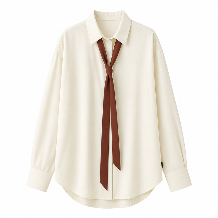 Stilig langermet damebluse med oversized passform og elegant knytekrage. Moderne mote for kvinner.