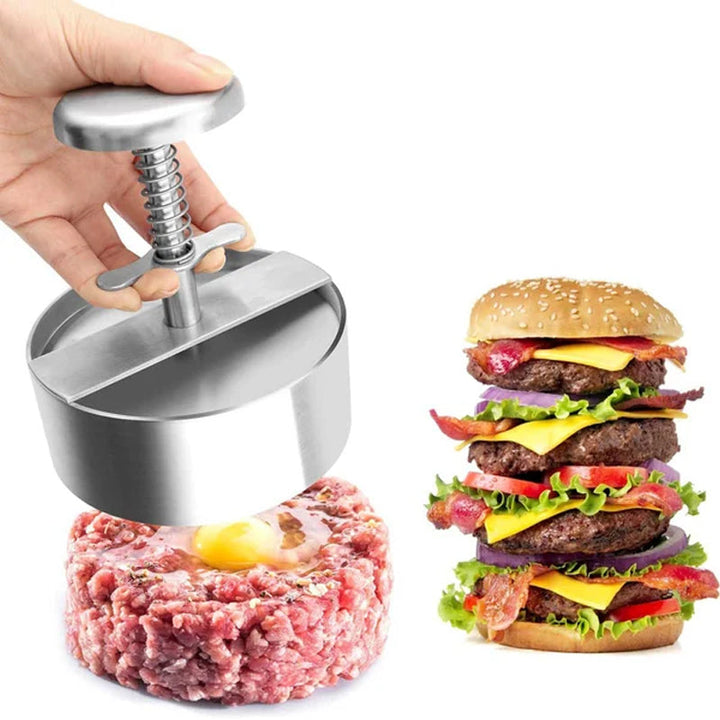 Robust hamburgerpresse av rustfritt stål, non-stick. Effektivt kjøkkenutstyr for perfekte kjøttkaker og burgere.