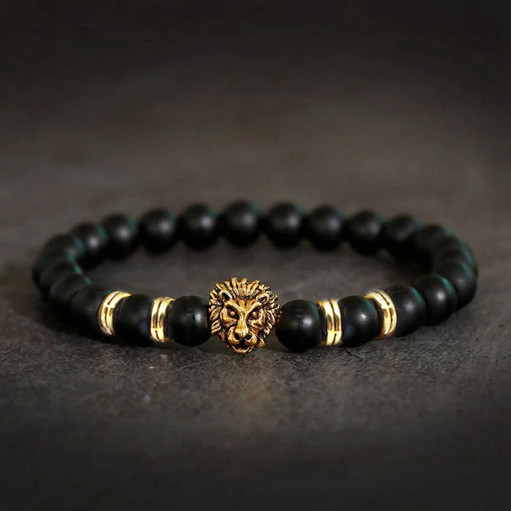Justerbart løvearmbånd i onyx og rustfritt stål, for herre og dame. Perfekt for personlig stil.