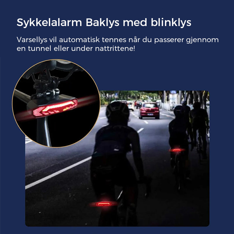 Sykkellys og alarm: Baklys med blinklys, 110dB sirene for synlighet og trygghet.