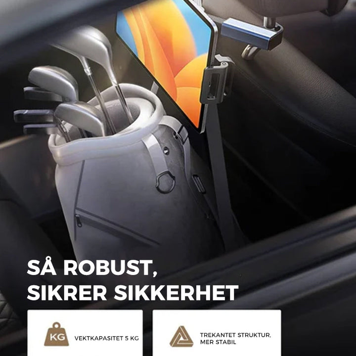 Solid mobilholder og nettbrettfeste til nakkestøtte. Ideell for underholdning for barn på biltur.