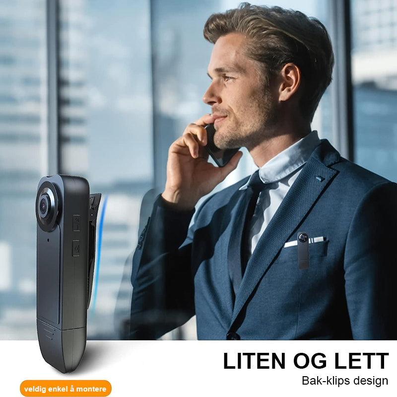 Full HD minikamera for kroppen. Roterende vidvinkelobjektiv fanger klare og detaljerte videoopptak.