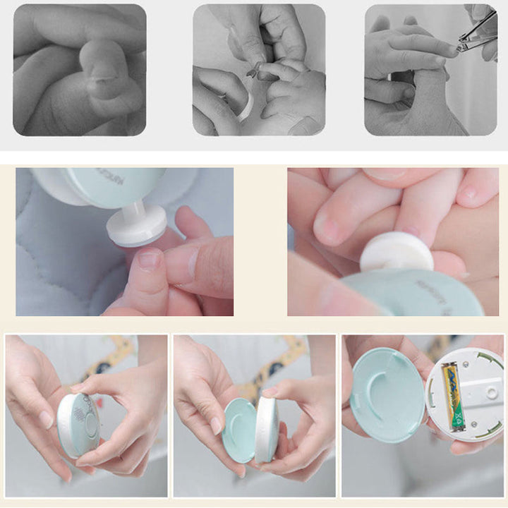 Nærbilde av baby negletrimmer sett med myke, runde kanter. Viktig for sikker negleklipping av spedbarn.