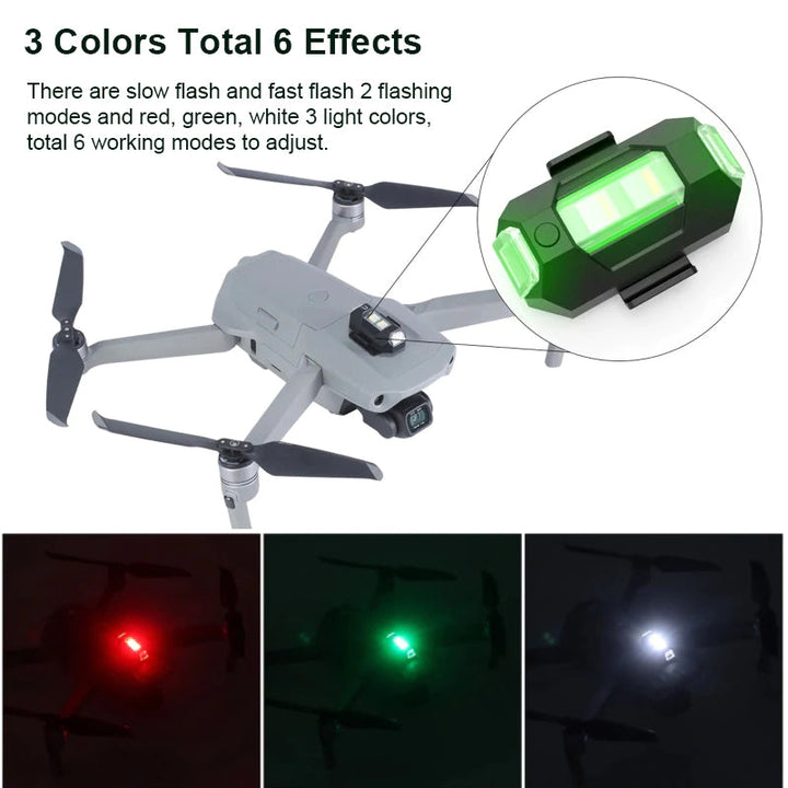 Flerfarget LED strobelys som øker sikkerheten for droner og R/C-kjøretøy. USB-oppladbar design.