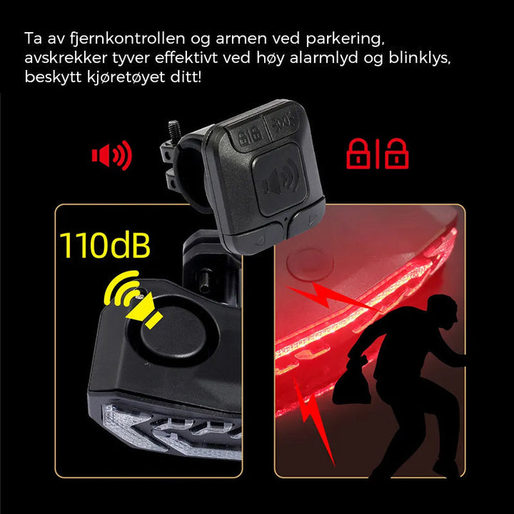 Kompakt sykkeltilbehør: Baklys med LED, alarmfunksjon, retningsindikator og USB-lading.